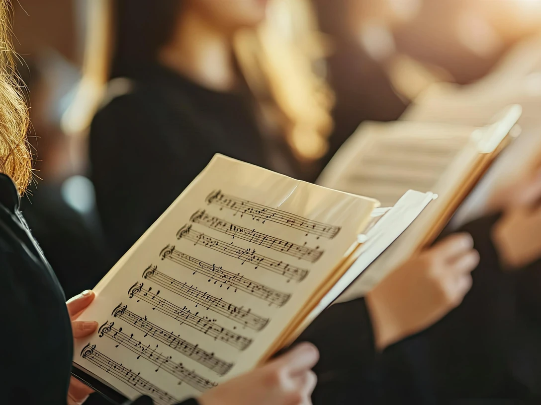 Chor mit Notenblätter in der Hand