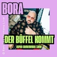 Bunter Eventposter mit Person im Sessel und großem Titel Bora – Der Büffel kommt.