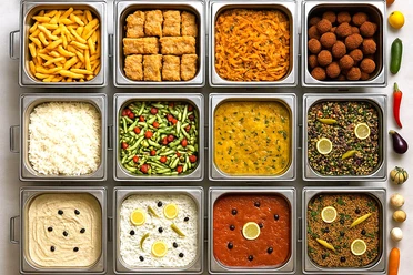 buffet-speisen-vielfalt-vegetarisch.jpg Vegetarisches Buffet: Blick von oben auf zwölf Catering-Behälter mit unterschiedlichen mediterranen Speisen