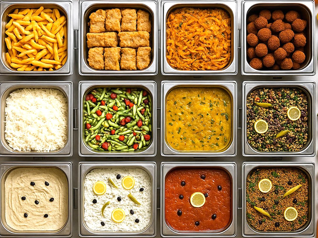 buffet-speisen-vielfalt-vegetarisch.jpg Vegetarisches Buffet: Blick von oben auf zwölf Catering-Behälter mit unterschiedlichen mediterranen Speisen