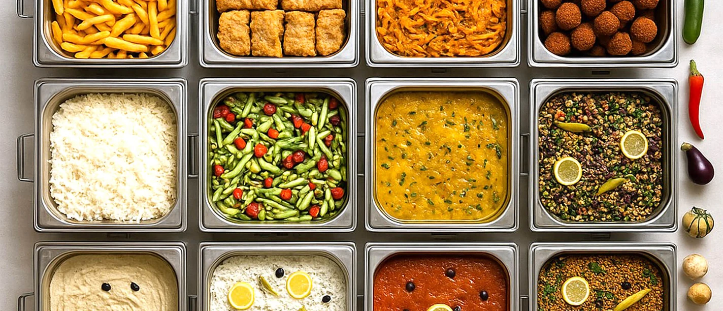 buffet-speisen-vielfalt-vegetarisch.jpg Vegetarisches Buffet: Blick von oben auf zwölf Catering-Behälter mit unterschiedlichen mediterranen Speisen