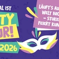 delivermessagepart.jpeg Bunte Grafik mit Karnevalsslogan, Datum 12.02.2026 und einer weißen Maske mit Farbakzenten.