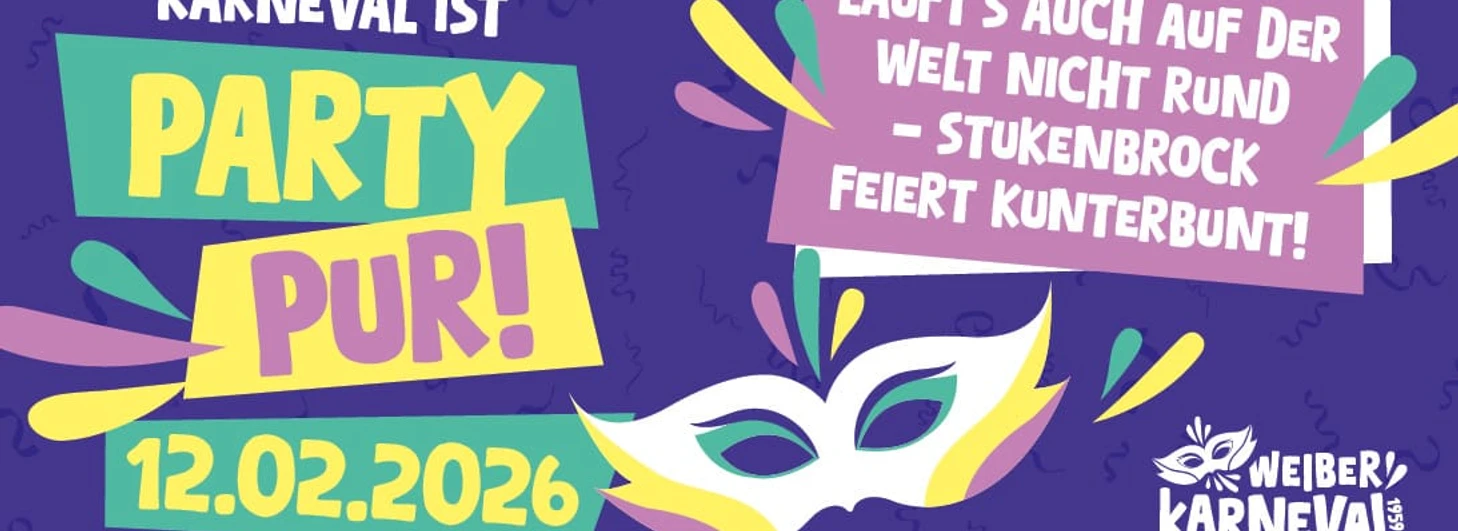 delivermessagepart.jpeg Bunte Grafik mit Karnevalsslogan, Datum 12.02.2026 und einer weißen Maske mit Farbakzenten.