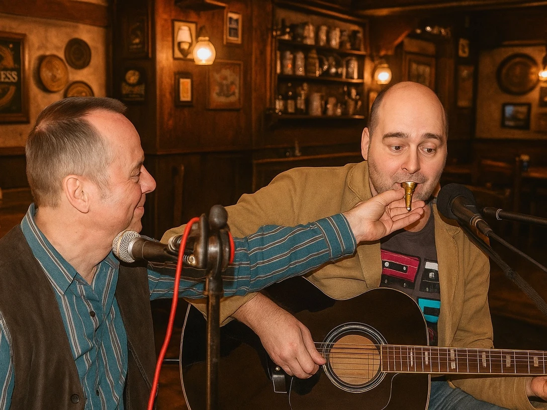 A2O 2 Männer, einer mit Gitarre und einer mit Mikrophone sitzen in einer Bar und musizieren.