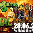 Heavy Saurus Metal.jpg Fünf Dinofiguren in bunter Rockkleidung posieren vor feuriger Kulisse für die Heavysaurus Metal Tour 2026.