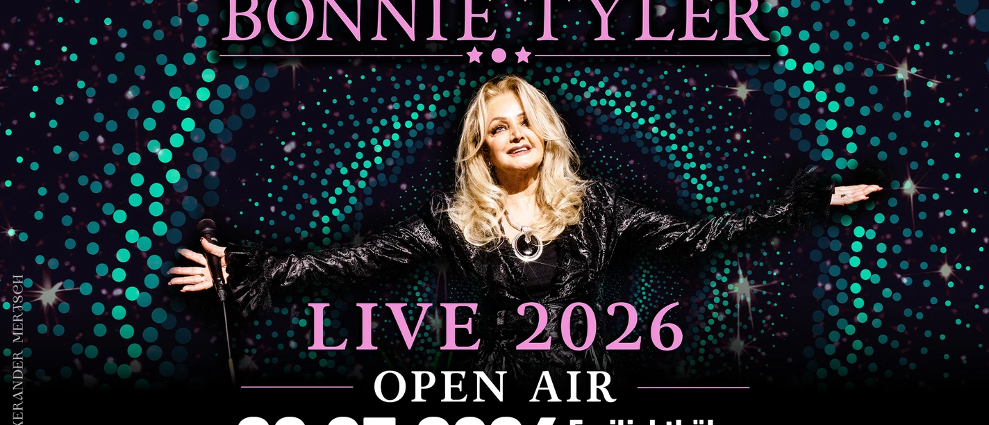 Bonie Tyler.jpg Bonnie Tyler auf Konzertplakat mit Mikrofon und funkelndem Hintergrund für Live-Auftritt 2026.