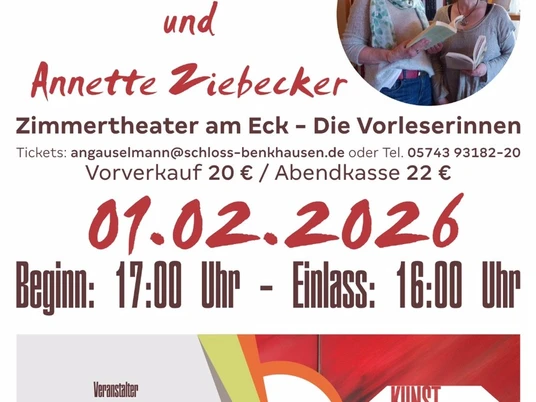 Lesung Schloss Benkhausen Plakat zur Lesung mit zwei Frauen beim Vorlesen, Terminangaben und Titel Mit 70 hat man noch Träume