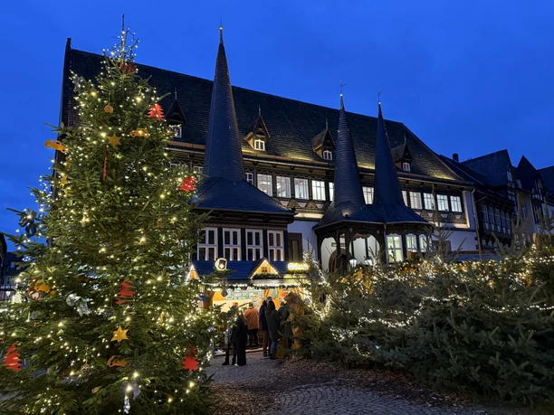 Einbecker Weihnachtsdorf Einbecker Rathaus mit beleuchtetem Weihnachtsbaum und Marktbuden in der Abenddämmerung.