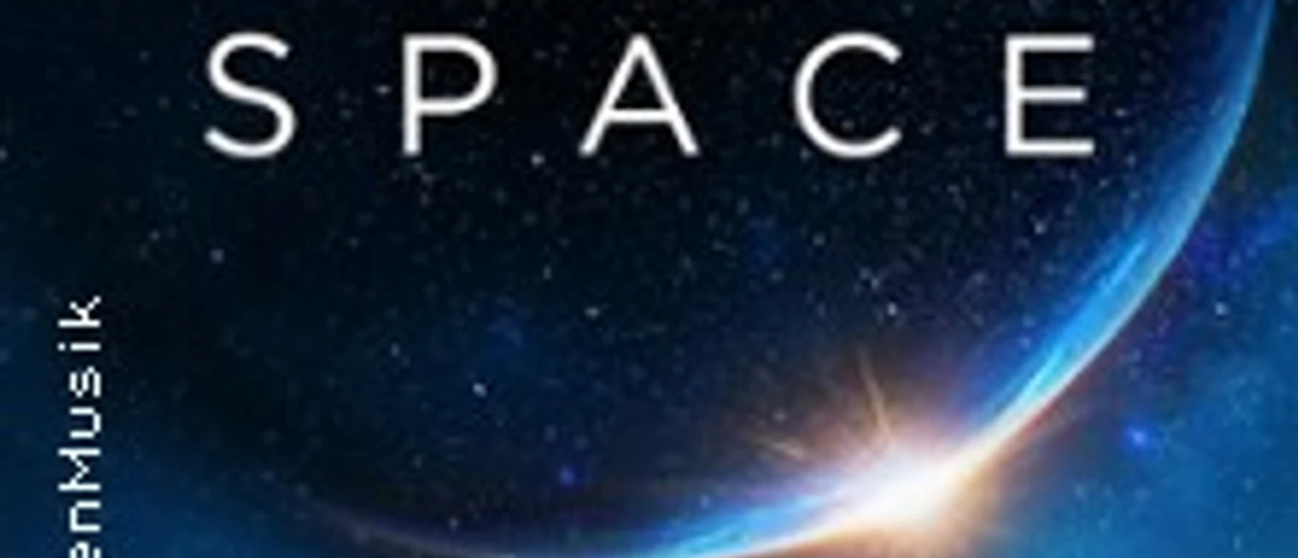 Pianoflügel vor Sternenhimmel mit Planetenkurve und Schriftzug Bach in Space