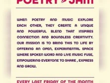 Flyer mit Poetry‑Jam‑Titel und Infos zu einem monatlichen Event mit Textblock in Rosa‑Gelb