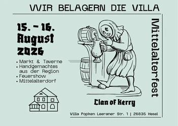 Mittelalterfest Villa Popken Plakat zum Mittelalterfest an der Villa Popken mit Termin, Programm und Zeichnung einer Schankmaid