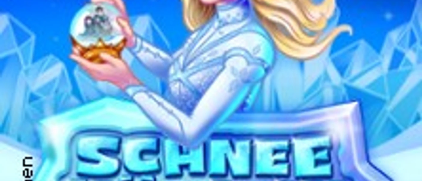 Animierte Schneekönigin hält eine Schneekugel vor eisigem Hintergrund mit Musicaltitel