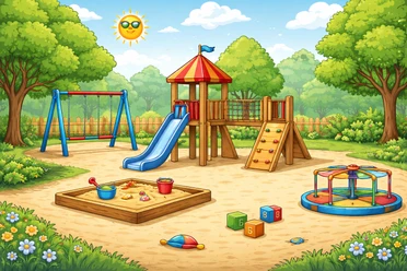 KI generieter Spielplatz Bunter Spielplatz mit Rutsche, Schaukeln und Sandkasten in sonniger Parklandschaft für Familien.
