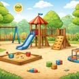 KI generieter Spielplatz Bunter Spielplatz mit Rutsche, Schaukeln und Sandkasten in sonniger Parklandschaft für Familien.