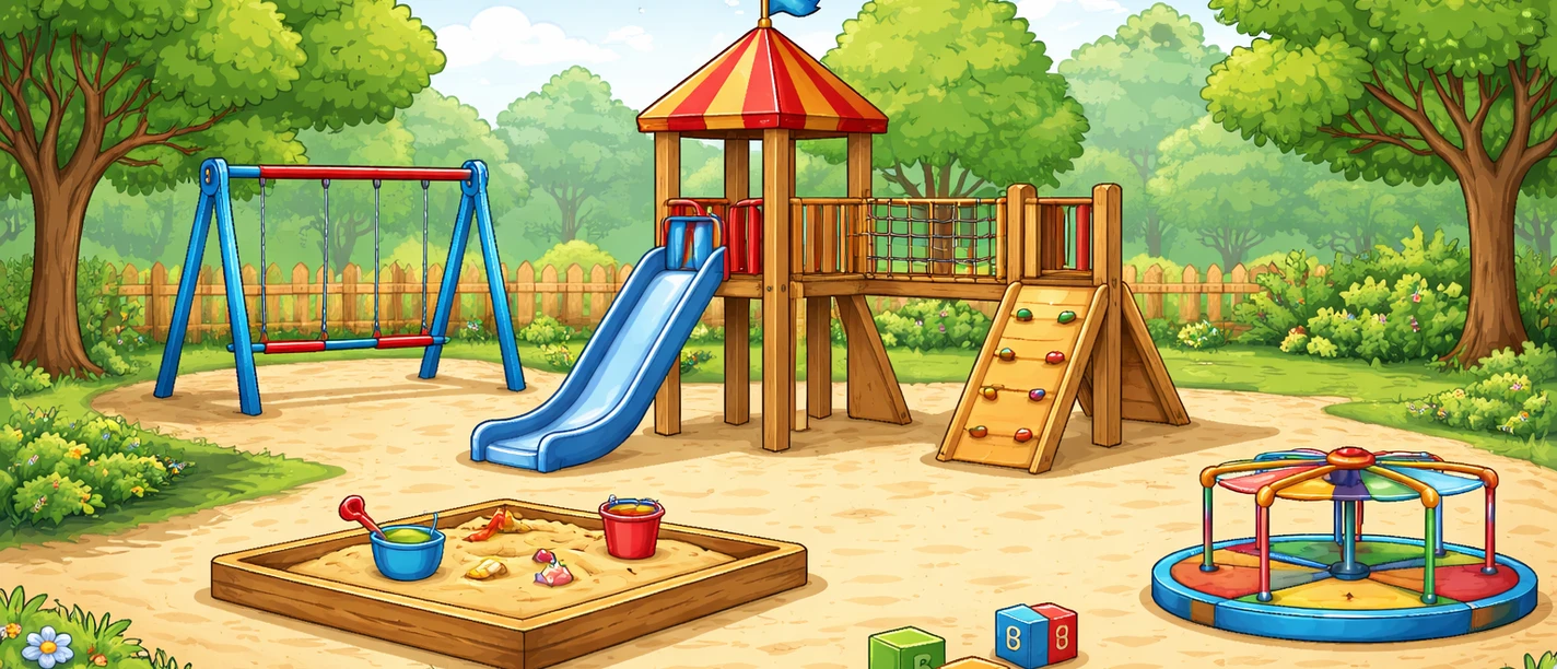 KI generieter Spielplatz Bunter Spielplatz mit Rutsche, Schaukeln und Sandkasten in sonniger Parklandschaft für Familien.