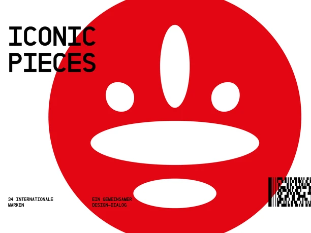 Designpost_Exhibition_Iconic_Pieces Red graphic motif with white oval shapes and black Iconic Pieces lettering.