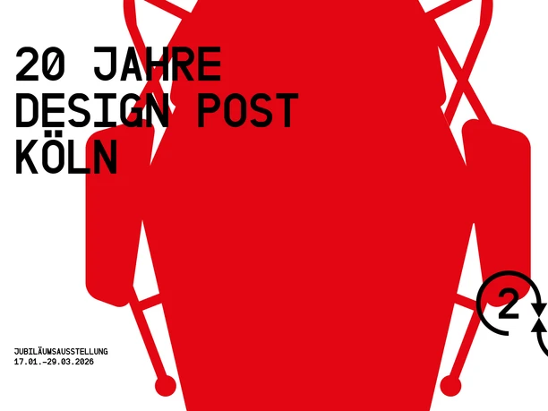 Designpost Ausstellung 20 Jahre Design Post Grafisches Plakat mit roter abstrakter Form und Text zu 20 Jahre Design Post Köln