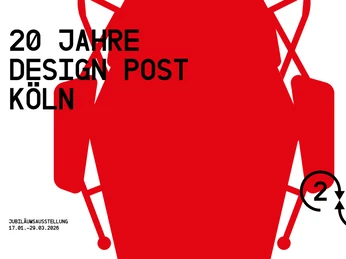 Designpost exhibition 20 years of Design Post Grafisches Plakat mit roter abstrakter Form und Text zu 20 Jahre Design Post KölnGraphic poster with red abstract shape and text for 20 years of Design Post Cologne