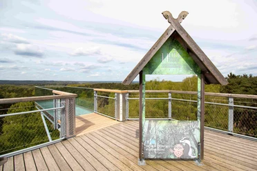 SkywalkTigerblickII2024.jpg Aussichtsplattform mit Holz- und Glaselementen über den Baumwipfeln am barrierefreien Baumwipfelpfad Heide Himmel.