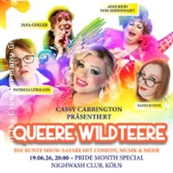 Farbiges Eventposter mit fünf Porträts, Namen und dem Titel Queere Wildteere in Neonoptik
