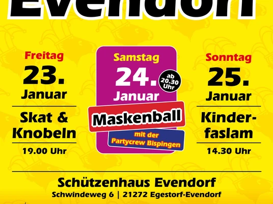 Plakat Faslam 2026.jpeg Buntes Plakat zum Faslam Evendorf 2026 mit Terminen für Maskenball, Kinderfaslam und Spieleabend.