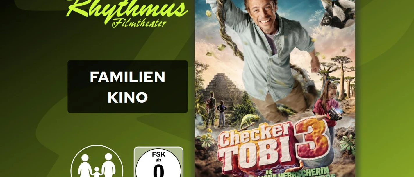 Filmplakat mit Abenteurer an Liane, Kindern, Dschungel, Pyramide und Titel Checker Tobi 3