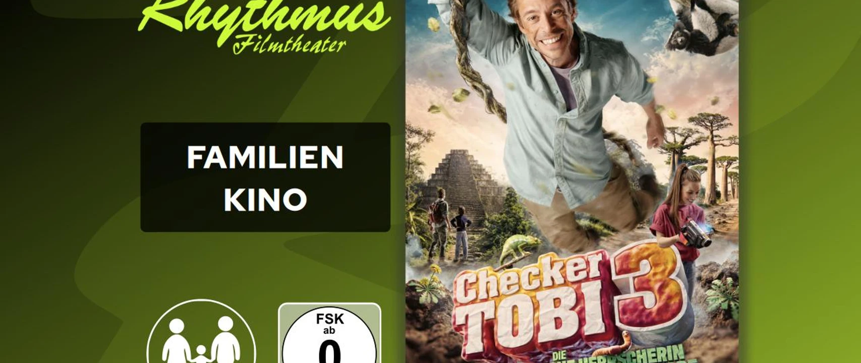 filmplakat-checkertobi3dieheimlicheherrscherindererde.jpg Filmplakat mit Abenteurer an Liane, Kindern, Dschungel, Pyramide und Titel Checker Tobi 3