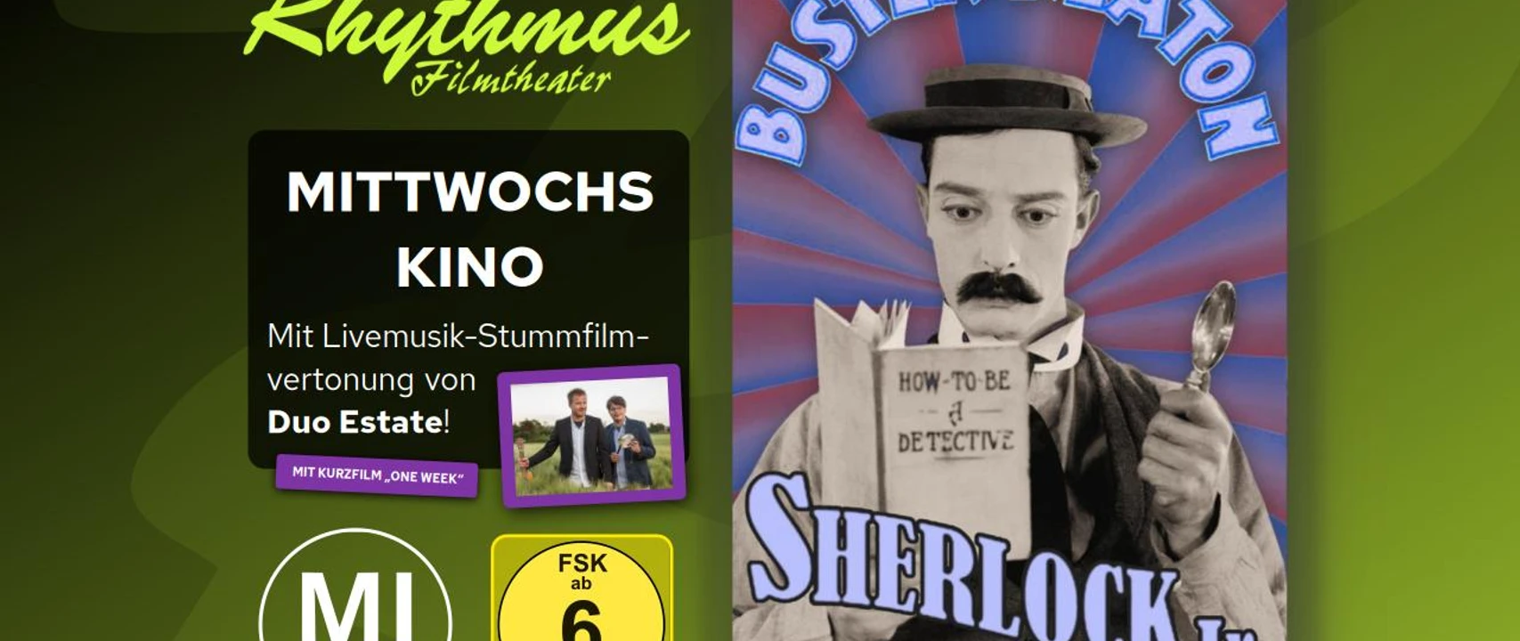 filmplakat-sherlockjr.jpg Filmplakat zu Sherlock Jr.: Stummfilmfigur mit Hut liest Detektivbuch, Mittwochskino mit Livemusik