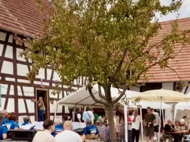 belebter Hof mit Zelten und Sonnenschirmen auf dem Schollenhof Wagshurst