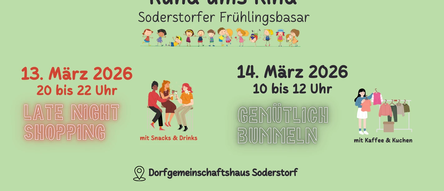 Basar Frühling und Herbst (1920 x 1080 px).png Grafik zum Soderstorfer Frühlingsbasar 2026 mit Terminen, Uhrzeiten und Illustrationen von Familien.