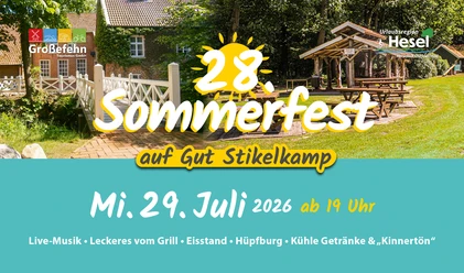 Hesel_Sommerfest2026_1290x790_02.jpg Plakat zum 28. Sommerfest auf Gut Stikelkamp mit Datum, Programm und Veranstaltungsangaben.