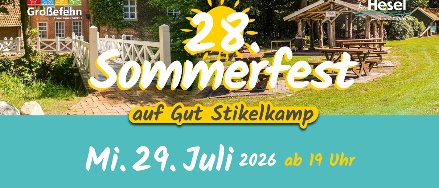 Hesel_Sommerfest2026_1290x790_02.jpg Plakat zum 28. Sommerfest auf Gut Stikelkamp mit Datum, Programm und Veranstaltungsangaben.