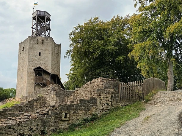Steinerner Burgturm mit hölzernem Aufsatz, umgeben von Mauerresten und Bäumen unter grauem Himmel.