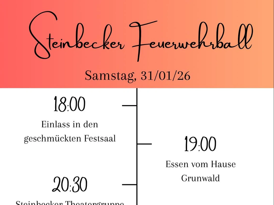 plakat-steinbecker-feuerwehrball-2026.jpg Plakat zum Steinbecker Feuerwehrball 2026 mit Programmzeiten, Theaterstück Frohsinn und Tanzband Corados.