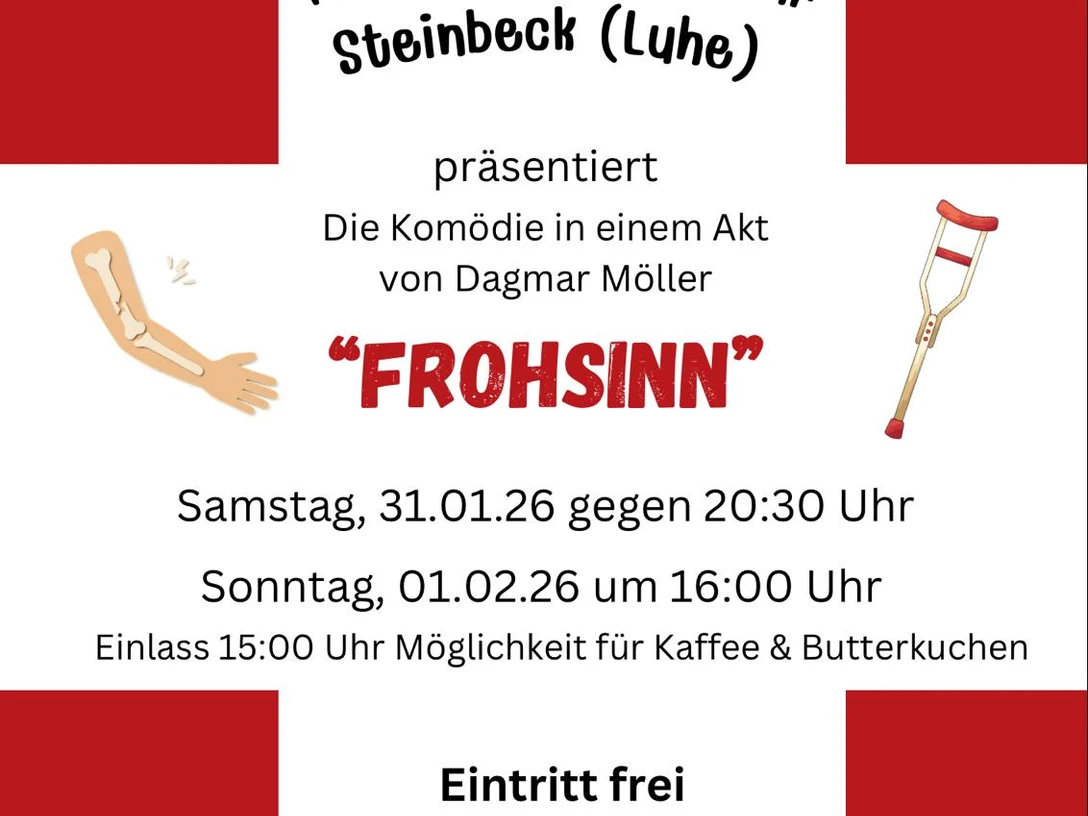plakat-theater-frohsinn-steinbeck.jpg Plakat der Theatergruppe der Feuerwehr Steinbeck für die Komödie Frohsinn mit Spielterminen und freiem Eintritt.