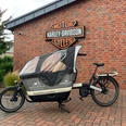 Auguste.jpg Lastenrad mit Wetterschutzplane vor roter Backsteinwand und Harley-Davidson-Logo.