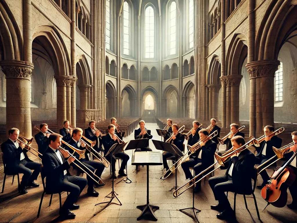 (c) KI-generiert; DALL·E 2026-01-21 12.53.30 - A photorealistic image of a trombone choir performing inside the Stiftskirche (Collegiate Church) in Bad Gandersheim, Germany. The scene shows about 1.jpg