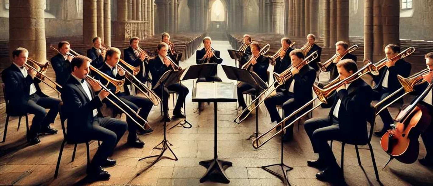 (c) KI-generiert; DALL·E 2026-01-21 12.53.30 - A photorealistic image of a trombone choir performing inside the Stiftskirche (Collegiate Church) in Bad Gandersheim, Germany. The scene shows about 1.jpg