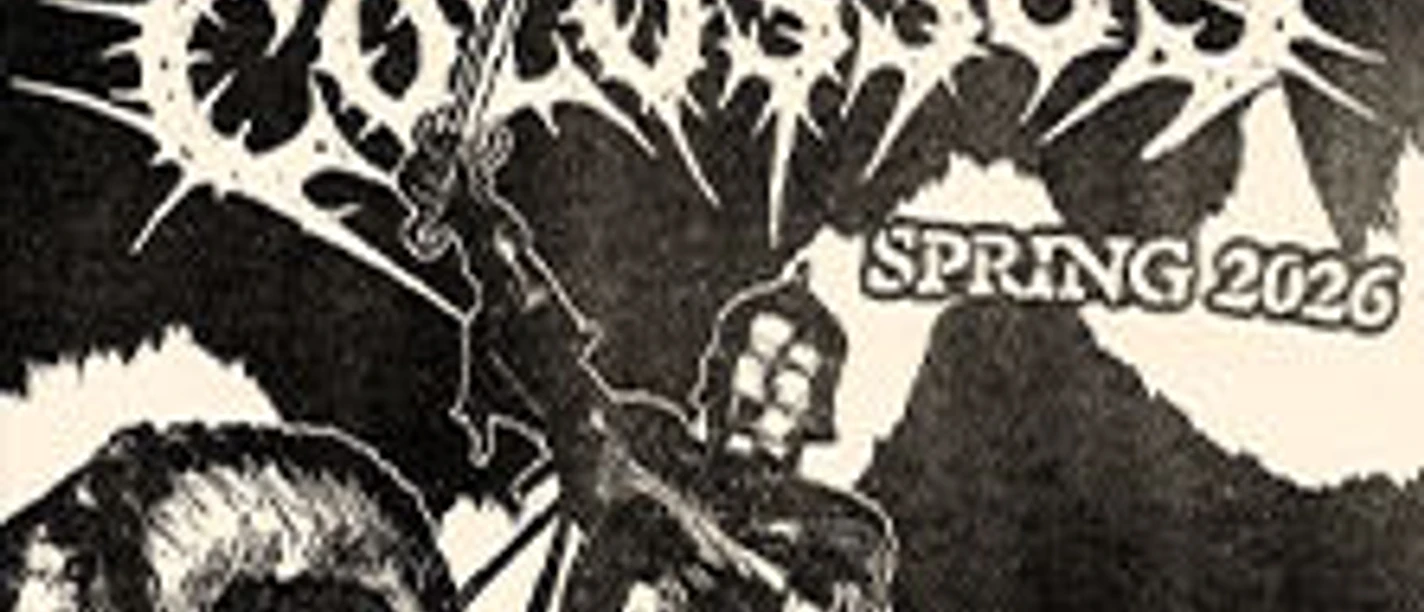 Krieger auf Pferd mit Schwert vor kantigem Warlord‑Colossus‑Logo in grobkörniger Optik