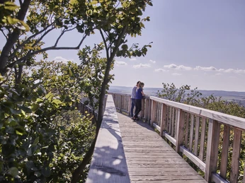 Baumwipfelweg Bad Camberg13_CC0_HA Hessen Tourismus, Roman Knie.jpg Ein Paar genießt die Aussicht vom Baumwipfelweg in den Goldenen Grund