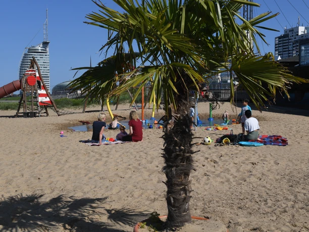 Spielplatz im Weser-Strandbad (c) Wolfhard Scheer_Erlebnis Bremerhaven.JPG Eine Palme im Weser-Strandbad mit Blick auf den Spielplatz