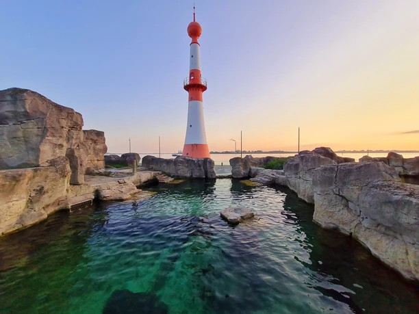 Minarett (c) Dagmar Brandenburg_Erlebnis Bremerhaven_WEB.jpg Blick über ein Wasserbecken im Zoo am Meer auf das Minarett mit der Weser dahinter