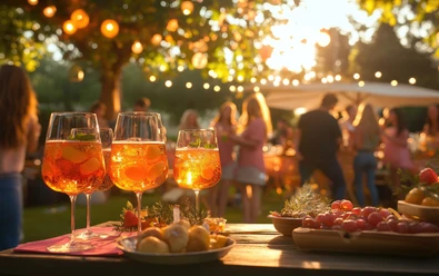 Gartenparty bei Sonnenuntergang mit Aperitifs und Freunden Menschen feiern im Garten bei Sonnenuntergang mit Aperitifs, Lichterketten und sommerlichen Snacks.
