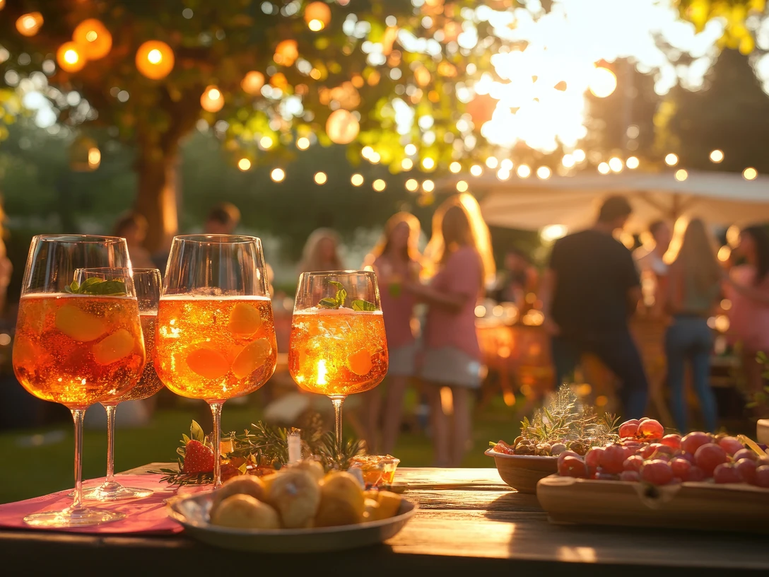Gartenparty bei Sonnenuntergang mit Aperitifs und Freunden Menschen feiern im Garten bei Sonnenuntergang mit Aperitifs, Lichterketten und sommerlichen Snacks.