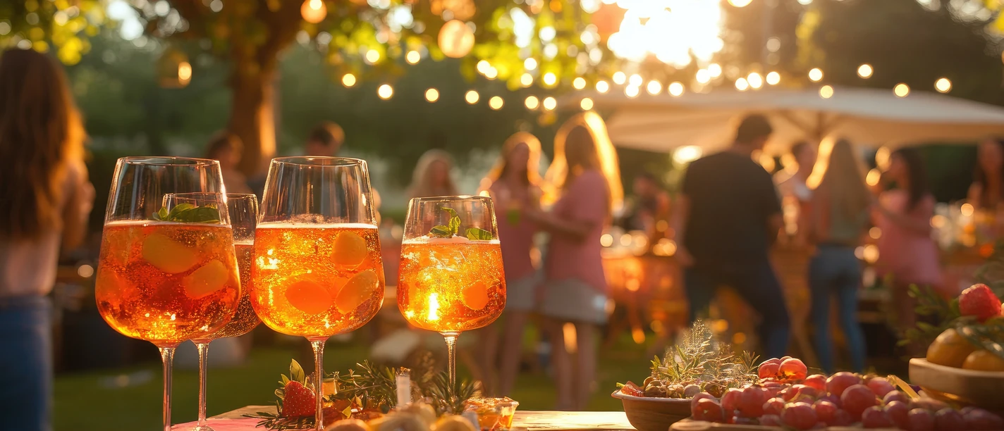 Gartenparty bei Sonnenuntergang mit Aperitifs und Freunden Menschen feiern im Garten bei Sonnenuntergang mit Aperitifs, Lichterketten und sommerlichen Snacks.