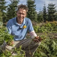 Peter Rasch.jpg Mann in blauem Hemd kniet im Garten und hält frisch geerntete Möhren in den Händen.