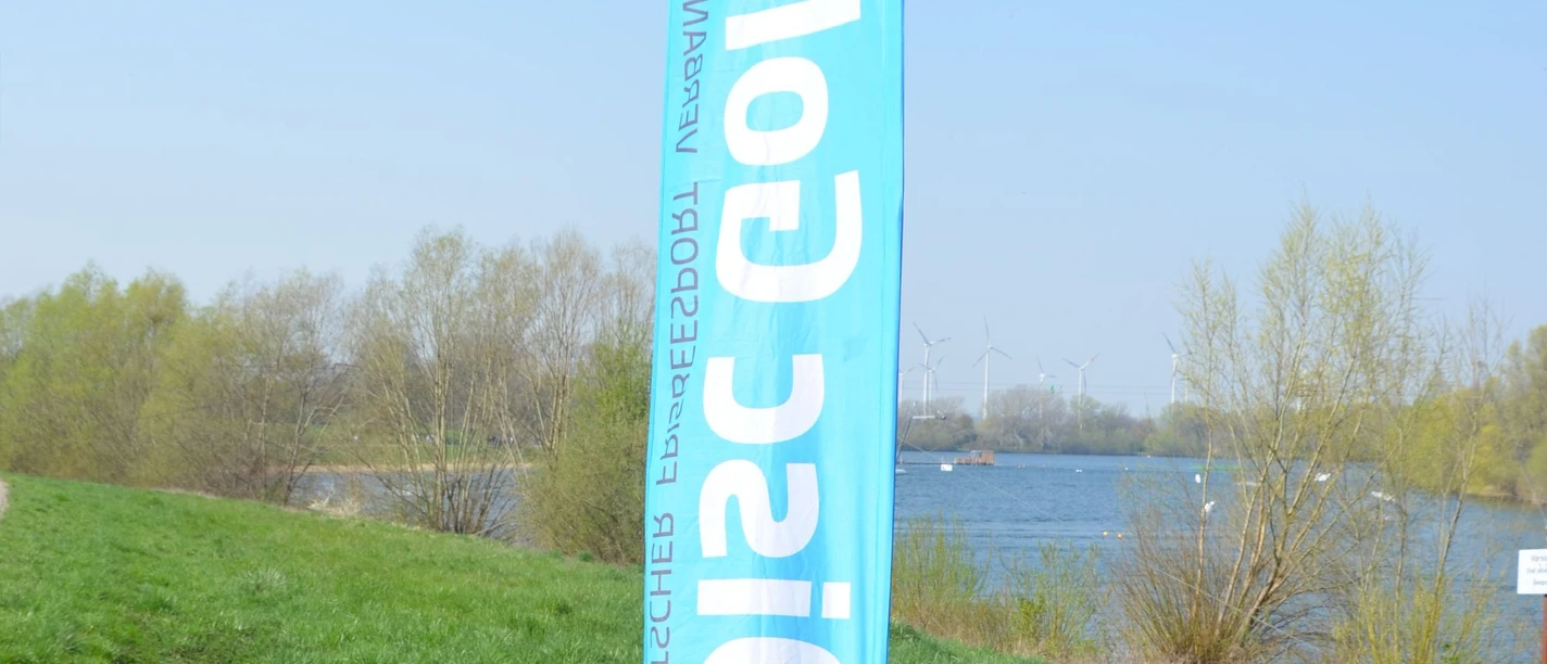 Blaue Disc-Golf-Fahne am Ufer des Salzgittersees vor Bäumen, Wasser und Windrädern im Hintergrund.