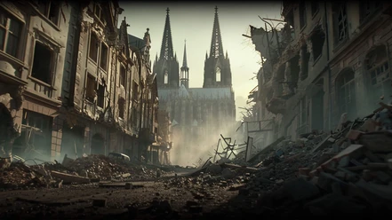 TIMERIDE Cologne 1945 - Rise from the ruins Street canyon of ruins, in the background a large Gothic cathedral rises through the dust.