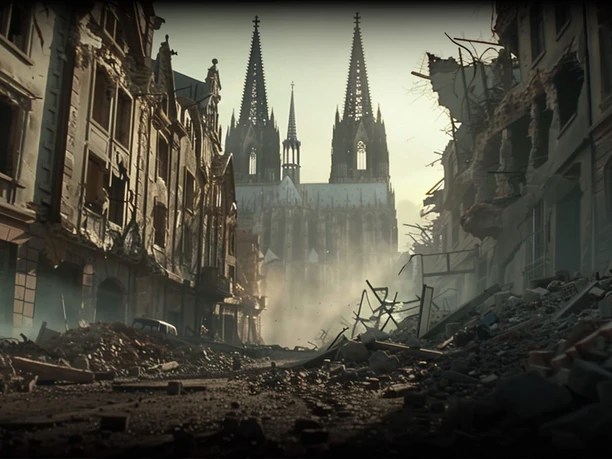 TIMERIDE Cologne 1945 - Rise from the ruins Street canyon of ruins, in the background a large Gothic cathedral rises through the dust.