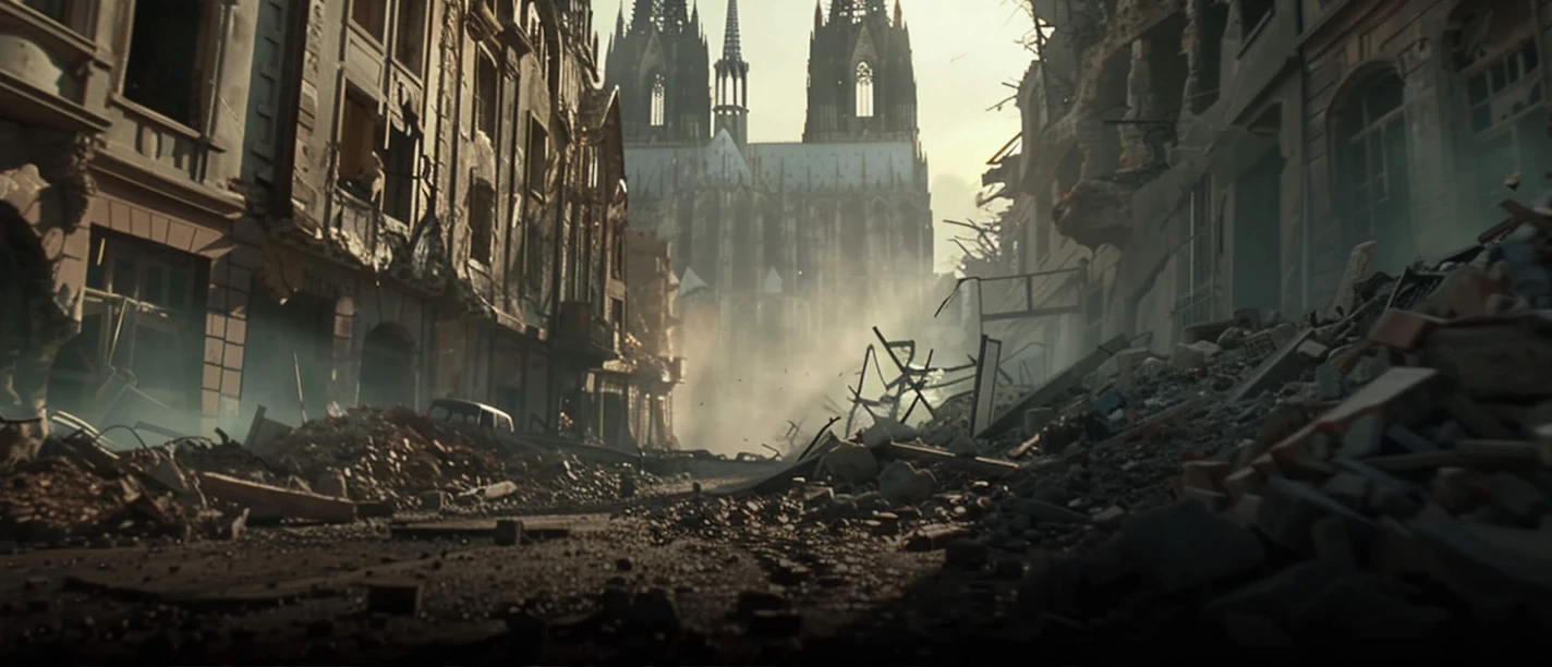 TIMERIDE Köln 1945 - Aufstieg aus Ruinen Straßenschlucht aus Ruinen, im Hintergrund ragt ein großer gotischer Dom durch den Staub.